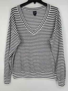 Gap Womens XL TALL Sweater Knit Top White Navy Blue Stripes V-Neck Linen Poly